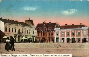 1914 Zimony, Semlin, Zemun; Hauptplatz / Glavni trg / Fő tér, piac, üzletek. Joh. Pulyo kiadása / main square, market, shops (felületi sérülés / surface damage)