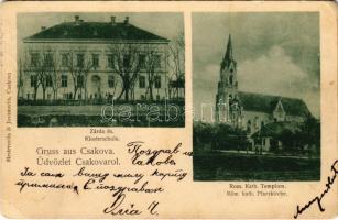 1901 Csák, Csákova, Ciacova; Zárda, római katolikus templom. Mesterovits & Jovanovits kiadása / Klosterschule, Pfarrkirche / cloister school, church (EK)