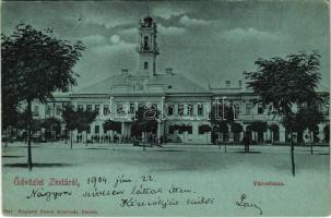 1904 Zenta, Senta; Városháza, piac, üzletek. Kabos Ármin kiadása / town hall, market, shops (EK)