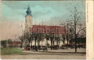 1914 Zenta, Senta; Szent István katolikus templom, piac. Kragujevits Szabbás kiadása / Catholic church, market (EK)