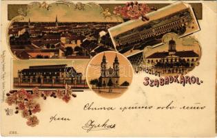 1900 Szabadka, Subotica; városháza, törvényszéki palota, templom, vasútállomás. Víg Zsig. Sándor kiadása / town hall, church, court palace, railway station. O.Z.M. Art Nouveau, floral, litho (EK)