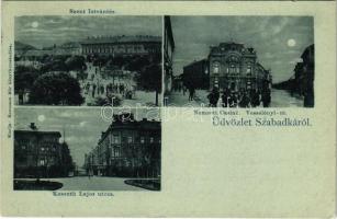 1899 (Vorläufer) Szabadka, Subotica; Szent István tér, Kossuth Lajos utca, Wesselényi út, Nemzeti kaszinó, este, villamos / square, streets, casino, tram, at night (EK)