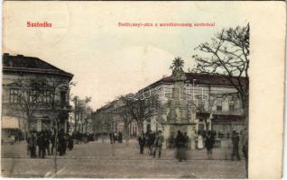 1908 Szabadka, Subotica; Batthyány utca, Szentháromság szobor, üzletek. Lipsitz kiadása / street view, Holy Trinity statue, shops (Rb)