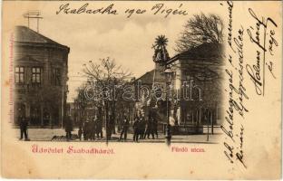 1900 Szabadka, Subotica; Fürdő utca, Szentháromság szobor, üzletek. Heumann Mór kiadása / street view, Holy Trinity statue, shops (fl)