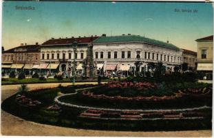 1916 Szabadka, Subotica; Szent István tér, üzletek. Vasúti levelezőlapárusítás 112. sz. 1915. / square, shops (fl)