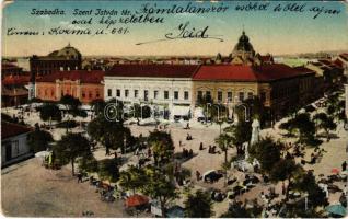 1917 Szabadka, Subotica; Szent István tér, piac, zsinagóga, üzletek. Lipsitz kiadása / square, shops, market, synagogue (kopott sarkak / worn corners)