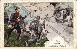 Sieg unsern vereinigten Waffen! Österreich-Ungarn / Első világháborús osztrák-magyar és német katonai montázs térképpel / WWI K.u.k. and German military montage with map, Viribus Unitis propaganda (EK)