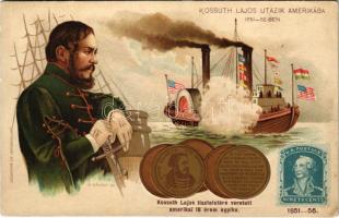 Kossuth Lajos tiszteletére veretett amerikai 18 érem egyike; Kossuth Lajos utazik Amerikába 1851-1852-ben. Jelenetek Kossuth Lajos élete történetéből I. kiadás V. kép. Athenaeum Rt. Budapest, dombornyomott / Scenes from the life of Lajos Kossuth. Art Nouveau, Emb. litho s: K. Sávely D.