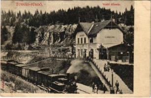 1906 Tusnádfürdő, Baile Tusnad; Vasútállomás, gőzmozdony, vonat. Adler 1906 / railway station, locomotive, train (ázott sarok / wet corner)