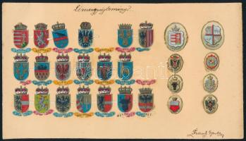 cca 1890-1910 Címergyűjtemény, az Osztrák-Magyar Monarchia történelmi területei, színes litho címerek lapra ragasztva (egy levált), lap mérete: 21,5x12 cm