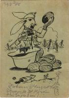 1943 Második világháborús húsvéti üdvözlet, nyúl katona tojásokat fest. Tábori Postai Levelezőlap / WWII military Easter greeting field post, rabbit soldier painting eggs + "TÁBORI POSTAHIVATAL 95" (fa)