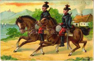 Osztrák-magyar ulánus katonák lovon / K.u.k. military Uhlan soldiers. litho (fa)