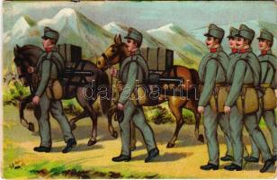 Osztrák-magyar katonák menete / K.u.k. military soldiers. litho (kis szakadás / small tear)