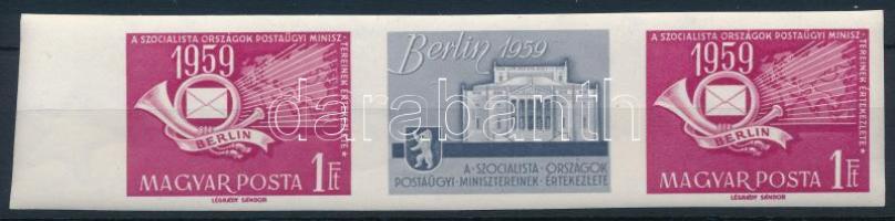 1959 A szocialista országok postaügyi minisztereinek értekezlete (II.) - Berlin ívszéli vágott hármascsík, 2 bélyeg egy szelvény (/.000)