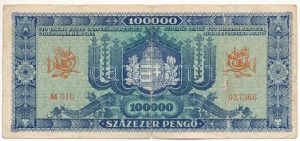 1945. 100.000P kék színű, zöld "MNB" bélyeg nélkül, de a bélyeg nyoma kivehető, "M 01...
