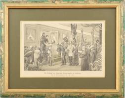 Frecskay László (1844-1916): A belga királyi család megérkezése Salzburgba. Rotációs fametszet, papír, jelzett a metszeten. 13,5x21 cm. Üvegezett fakeretben.