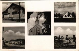 1947 Balatonszárszó, Vasútállomás, S. D. G. üdülő, református templom, zászló felvonás, S. D. G. stand. Naszádi Béla felvétele. Soli Deo Gloria diákszövetség kiadása (fl)