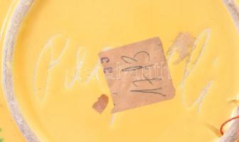 Iparművész kerámia falitál + szárazvirág tartó, csurgatott mázas, jelzéssel, kis kopással, h: 19-19,...