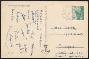 1953 FTC tartalékcsapat tagjainak aláírása Lakat Károlynak címzett képeslapon