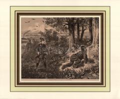 cca 1880 Rudolf trónörökös vadászaton a Dunánál, rotációs fametszet, papír, jelzés nélkül, modern paszpartuban, 18x22,5 cm