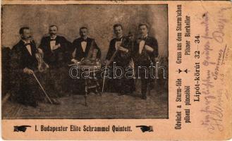 1900 Budapest XIII. Üdvözlet a Sturm-féle pilseni pincéből, I. Budapester Elite Schrammel Quintett, zenekar. Lipót körút 32-34. (szakadás / tear)