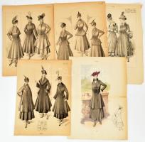 cca 1910-18 5 db francia női divatkép, litográfia, papír, 38x27,5 és 43x31,5 cm közötti méretekben, részben kissé sérült