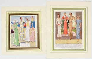 cca 1930 5 db színes art deco női divatkép a Magyar Uriasszonyok Lapjából, ofszet, papír, paszpartuban, 23x19 és 28x20,5 cm közötti méretekben