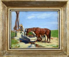 Budai Sándor (1891-1973): Pihenő lovak, 1919. Olaj, karton, jelzett. Dekoratív, kissé sérült fakeretben. 22×27 cm