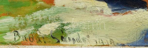 Budai Sándor (1891-1973): Pihenő lovak, 1919. Olaj, karton, jelzett. Dekoratív, kissé sérült fakeret...