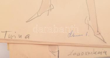 Olvashatatlan jelzéssel: 17 db jelmez- és divatterv. Akvarell, ceruza, papír, 51x22 cm