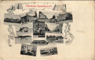 1907 Keszthely, mozaiklap, Festetics kastély, Főgimnázium, M. kir. Gazdasági Intézet, fürdő, Huszár kaszárnya. Vasvári József kiadása (ázott / wet damage)