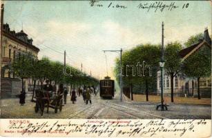 1908 Sopron, Kossuth utca, villamos, lovaskocsi. Kummert L. utóda kiadása (EB)