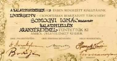 1925 Balatonszemesi kiállítás lóverseny csoportjának aranyérmes oklevele, aláírásokkal, köztük gróf ...