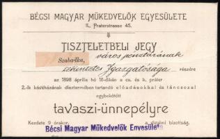 1898 Bécsi Magyar Műkedvelők Egyesülete meghívó és tiszteletjegy Szabadság ünnepélyre, az 1848-as fo...