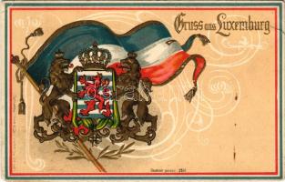 Gruss aus Luxemburg / flag and coat of arms of Luxembourg. Art Nouveau, Emb. litho (b)