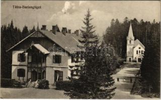 Barlangliget, Höhlenhain, Tatranská Kotlina (Tátra, Magas Tátra, Vysoké Tatry); templom, villa. Wlaszlovits Gusztáv kiadása / church, villa