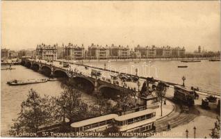 London, St. Thomas' Hospital and Westminster Bridge, double-decker trams, automobiles (glue mark)