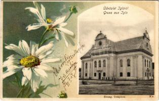 1900 Igló, Zipser Neudorf, Spisská Nová Ves; Evangélikus templom. Szecessziós virágos keret, Szútor Tivadar kiadása / Lutheran church. Art Nouveau flower frame, litho (EB)