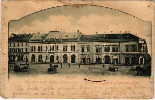 1902 Eszék, Essegg, Osijek; Trg bana grofa Khuen Hedervary / Bán gróf Khuen-Héderváry tér, Baldauf, Rajal Möbel Halle, Eduard Rosenblüth, A. Seidling, Wilh. Glebinger üzlete, Corso kávéház / square, shops, cafe (lyuk / pinhole)