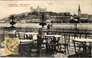 Pozsony, Pressburg, Bratislava; Au-Café / Ligeti kávéház, terasz, vár. Kaufmann Bediene dich allein / café, terrace, castle. TCV card