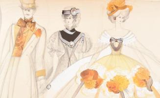 Olvashatatlan jelzéssel (Katkics Ilona?): 9 db jelmezterv. Ceruza, akvarell, kollázs, papír. Kissé s...