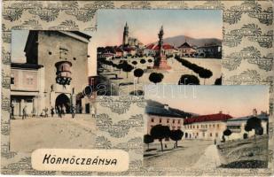 1917 Körmöcbánya, Kremnitz, Kremnica; Népbank, Szentháromság szobor és tér, Városkapu. Holzmann Gyula kiadása / bank, Trinity statue and square, gate. Art Nouveau (Rb)