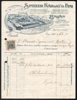 1910 Baja, Spitzer Károly és Fia Szeszgyár, Szeszfinomító fejléces számla, rajta a gyár látképe