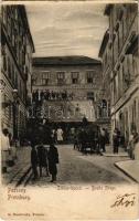 1903 Pozsony, Pressburg, Bratislava; Széles lépcső, átjáró a fürdőházba, G. Duschinsky üzlete és saját kiadása / Breite Stiege / staircase, shops (EK)