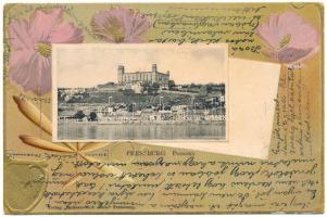 1902 Pozsony, Pressburg, Bratislava; vár. Szecessziós virágos dombornyomott litho / castle. Art Nouveau, embossed litho with flowers (Rb)