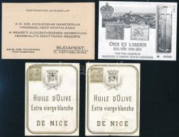cca 1860-1900 11 db klf reklám nyomtatvány: anyakönyvvezető reklám nyomtatvány, oliva olaj címke, stb + egy modern emlékív