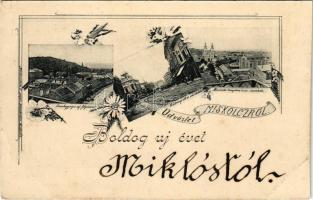 Miskolc, Avas hegység és Református főgimnázium, Széchenyi utca, Városház tér, Minorita templom és izraelita imaház, zsinagóga. Falkenstein kiadása. Art Nouveau, floral (fa)