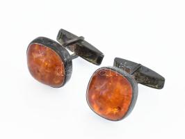 Ezüst(Ag) mandzsettagomb borostyánnal, jelzett, d: cm, bruttó: 11,6 g