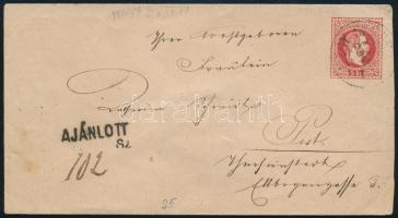 ~1869 Ajánlott 5kr díjjegyes boríték 10kr díjkiegészítéssel "NAGY SZEBEN" - Pest