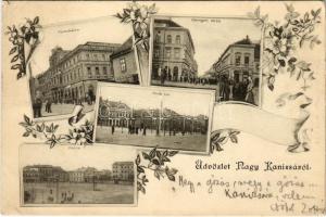 Nagykanizsa, Főtér, Városháza, vaskereskedés, Deák tér, Csengeri utca. Alt & Böhm kiadása. Art Nouveau, floral (EB)